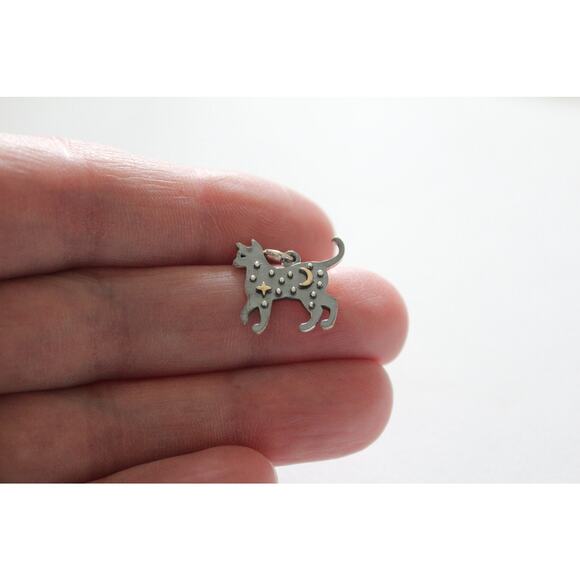 Sterling Silver Cat Charm with Bronze Star and Moon Pendant - Picture 1 of 6